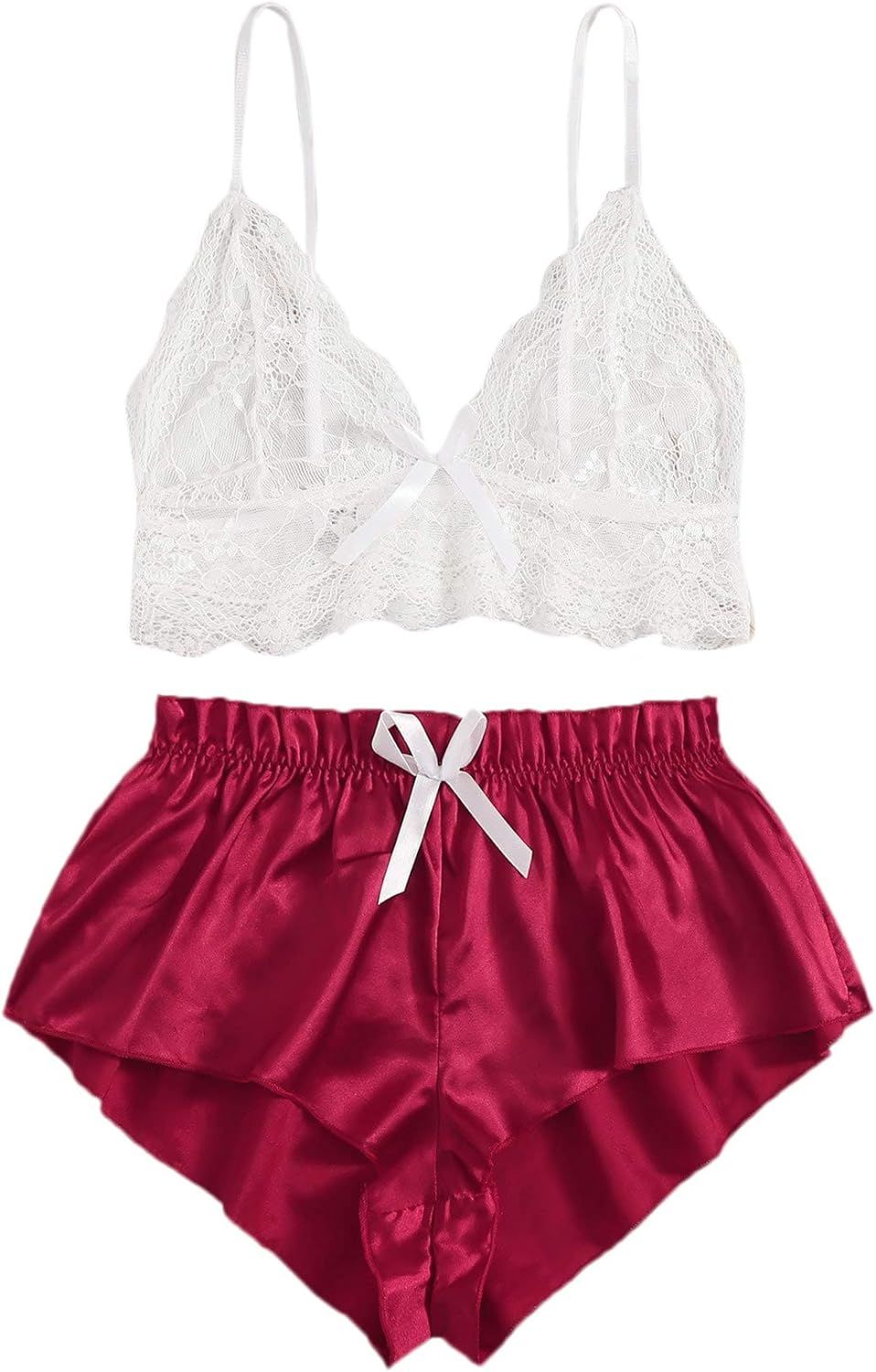 SweatyRocks Women's 2 Piece Lingerie Set Lace Cami Top with Shorts with Panties Sexy Pajama Set | Amazon (US)