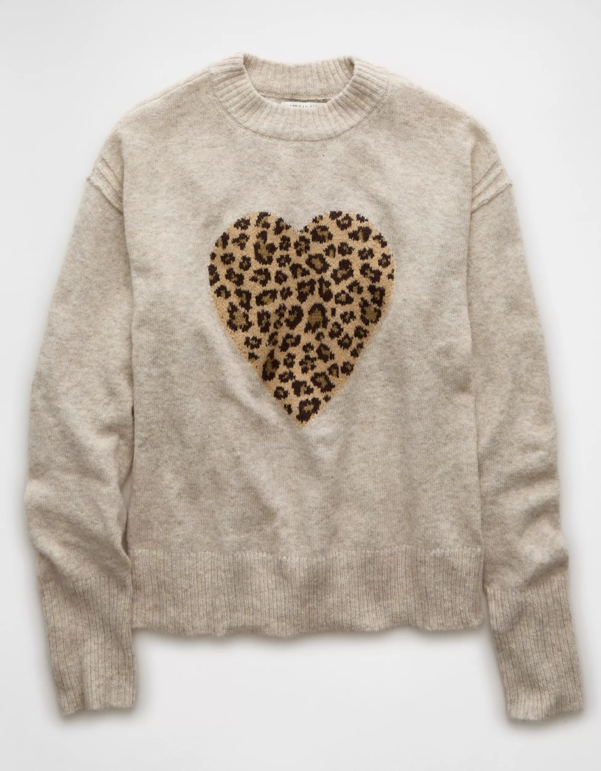 AE Whoa So Soft Leopard Heart Crew Neck Sweater | American Eagle Outfitters (US & CA)