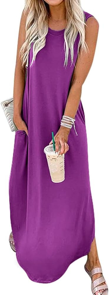 Women's Loose Fit Sundress Crewneck Casual Dress Sleeveless Split Maxi Dresses 2025 Summer Beach ... | Amazon (US)