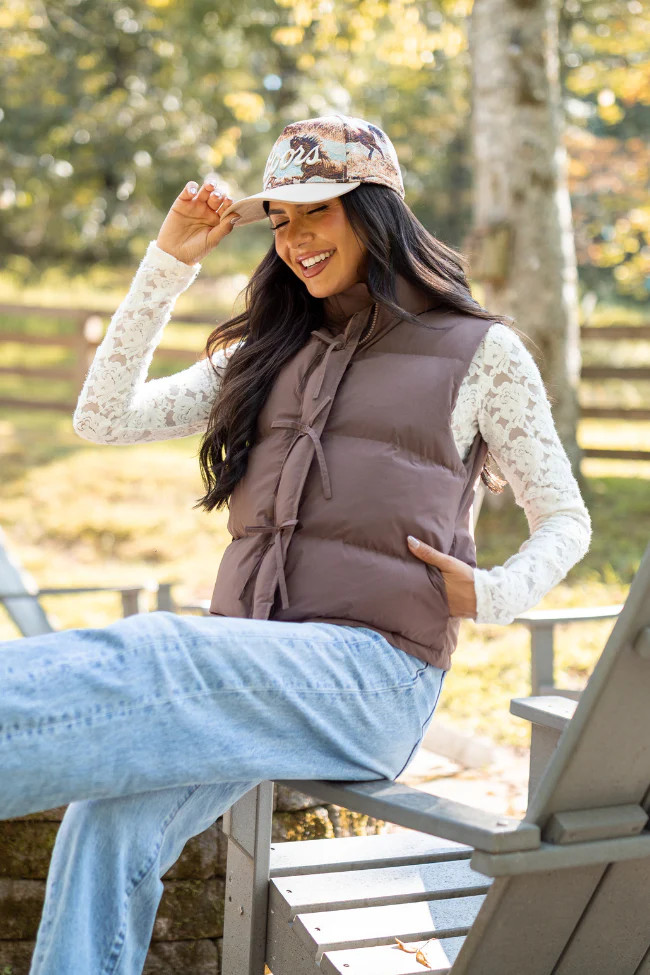 Liberty Brown Bow Puffer Vest | Pink Lily