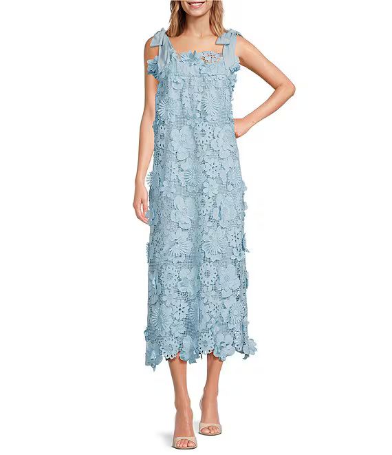 J.Marie Dylan Square Neckline Tie Strap Sleeveless Floral Lace Midi Dress | Dillard's | Dillard's