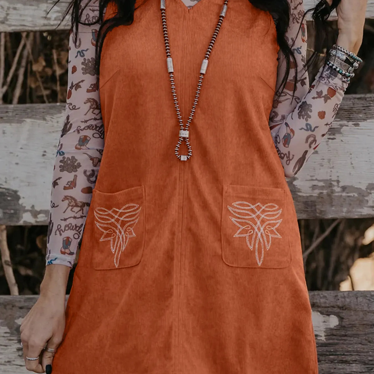 Corduroy Western Embroidered Patched Pocket Shift Sleeveless Mini Dres | Krush Kandy