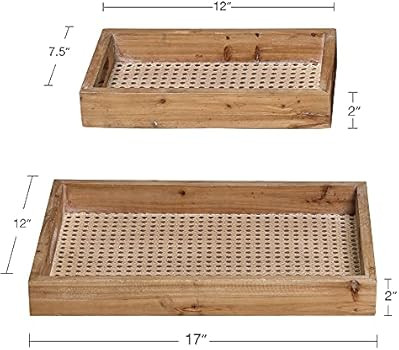 Wooden Rattan Serving Trays Rectangular Set of 2, Nesting Food Coffee Trays for Breakfast Eating, Ki | Amazon (US)