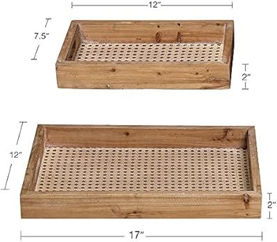 Wooden Rattan Serving Trays Rectangular Set of 2, Nesting Food Coffee Trays for Breakfast Eating, Ki | Amazon (US)