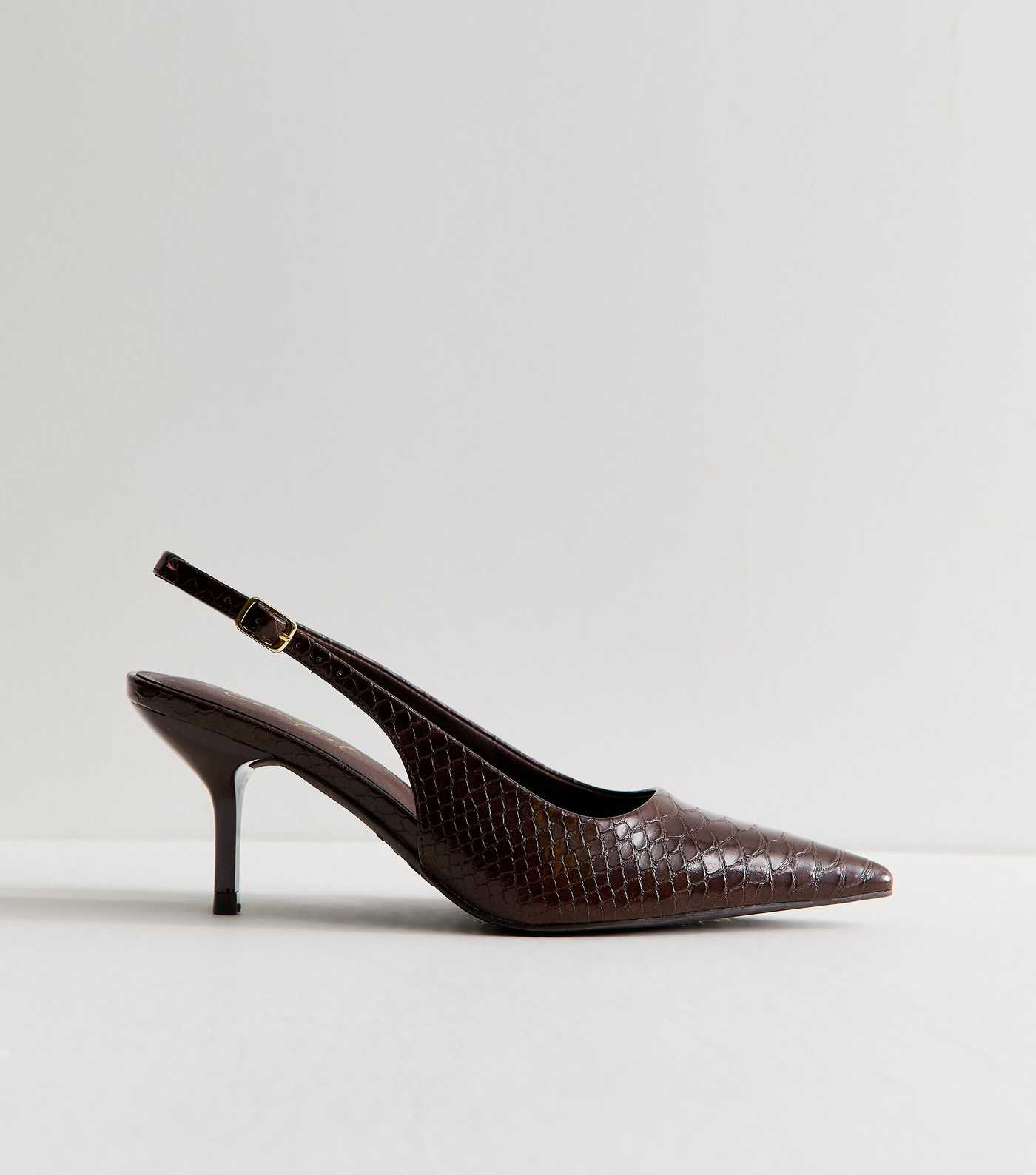 Dark Brown Faux Leather Snakeskin Embossed Slingback Heels | New Look | New Look (UK)