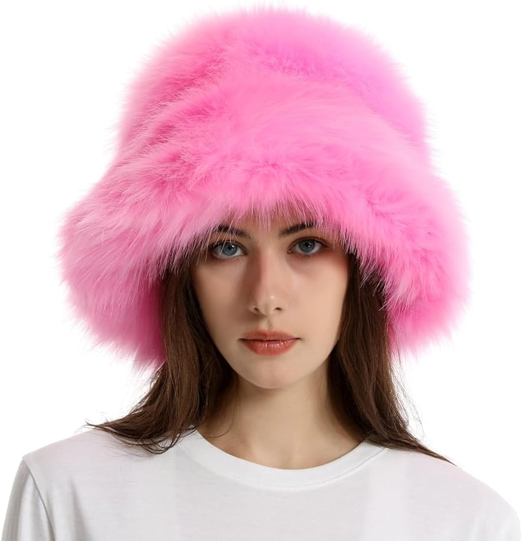 Fuzzy Bucket Hat Y2k Fashion Warm Winter Hat Fluffy Furry Plush Faux Fur Hats Fishing Hat Bucket ... | Amazon (US)