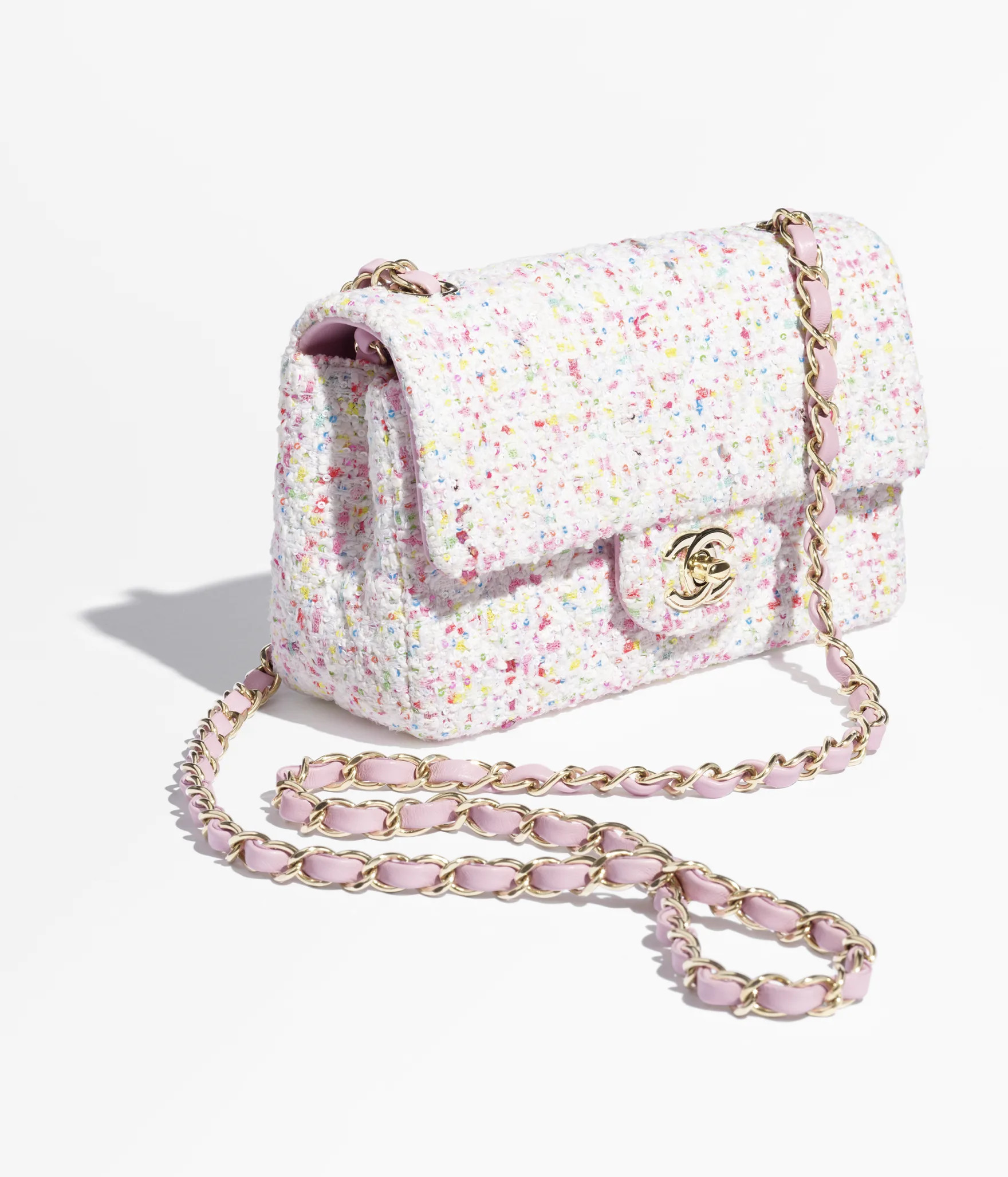 Mini classic handbag, Tweed & gold-tone metal, white, blue & pink — Fashion | CHANEL | Chanel, Inc. (US)
