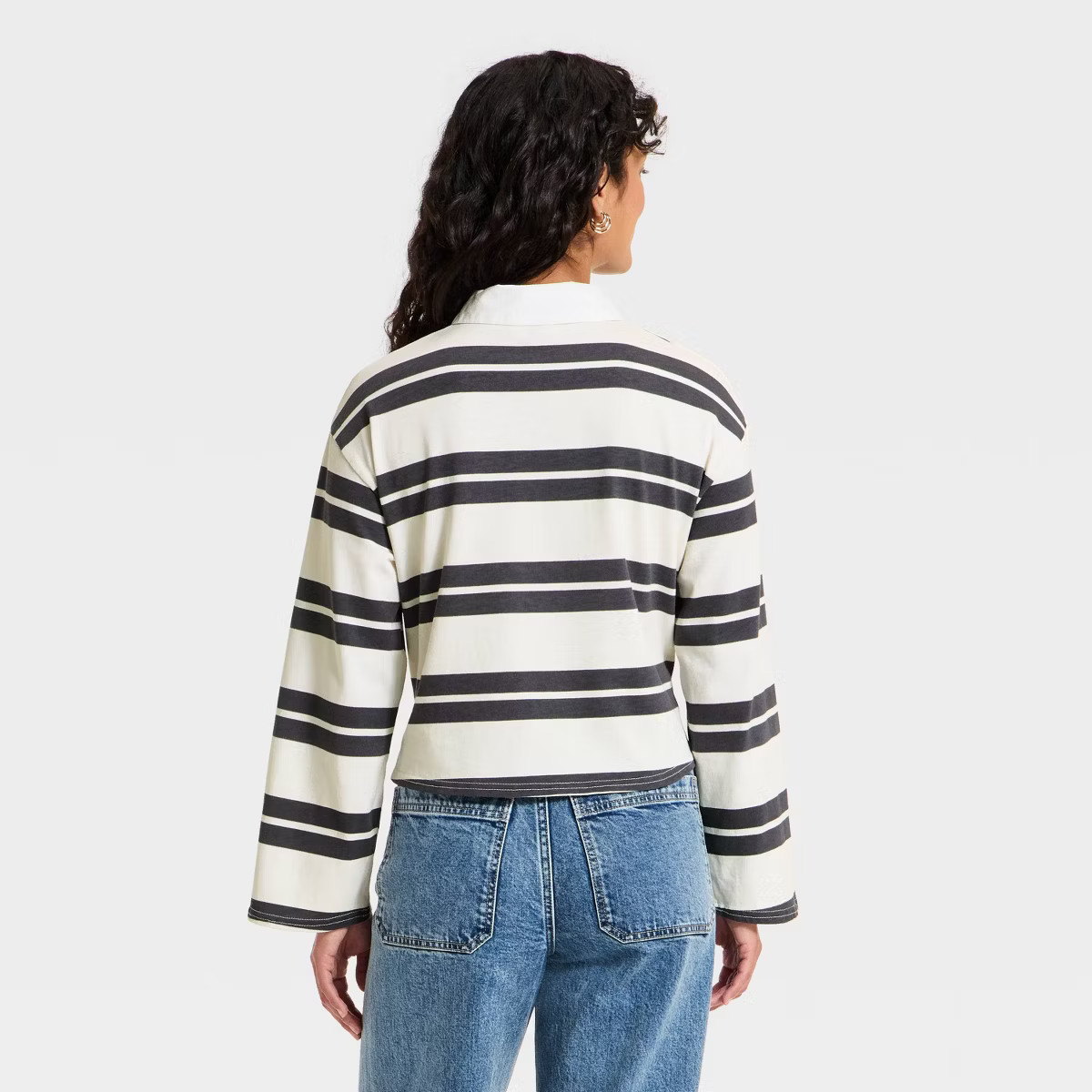 Women's Long Sleeve Button-Down Polo T-Shirt - Universal Thread™ Cream Striped M | Target