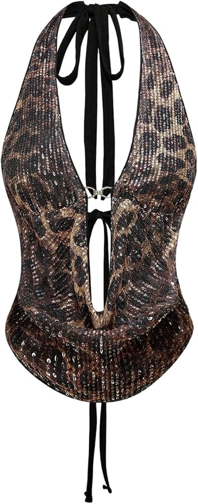 Verdusa Women's Cheetah Print Sequin Top Y2K Tie Back Corset Halter Going Out Crop Tops | Amazon (US)