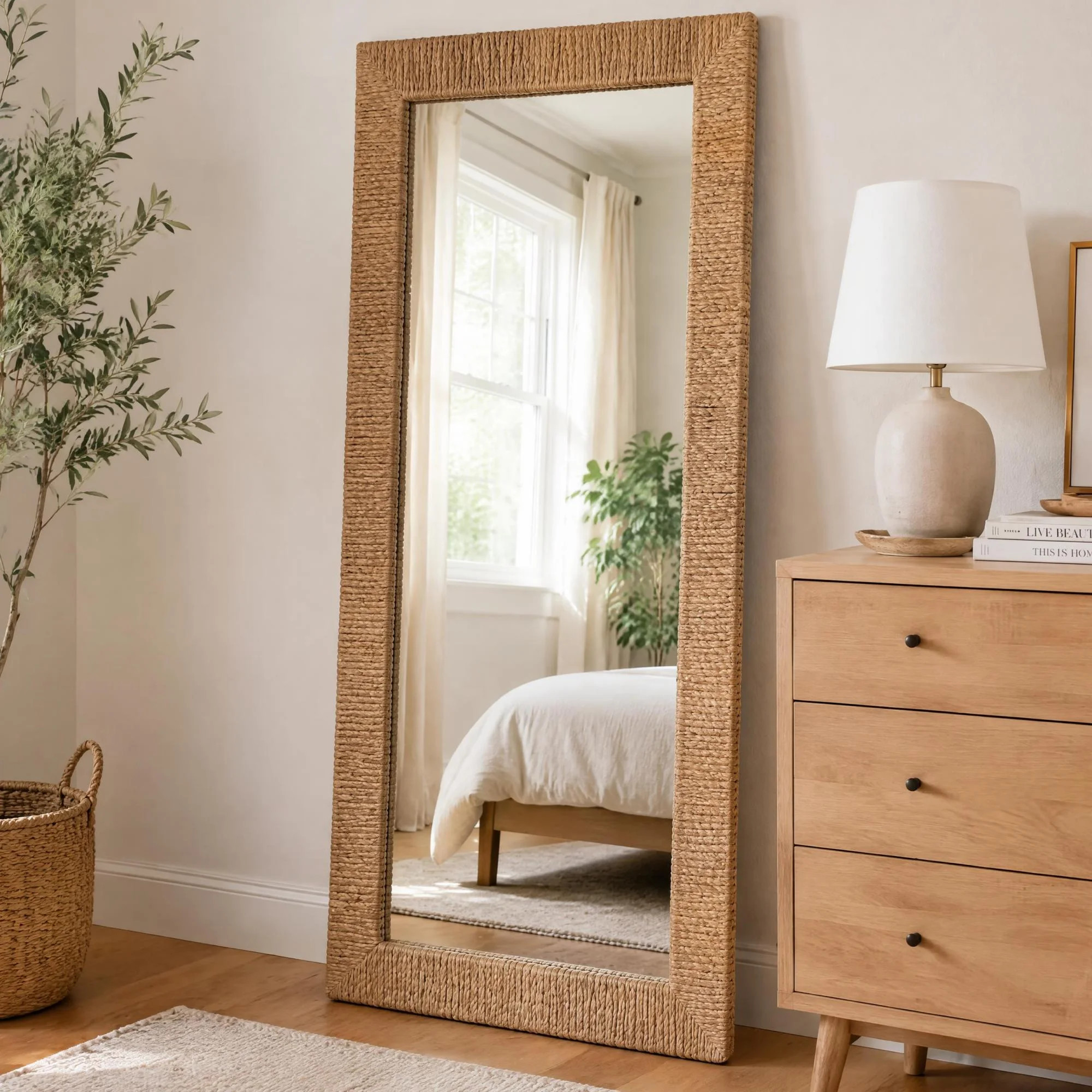 Rectangular Full Length Mirror Handwoven Straw Rope Frame Freestanding & Wall Mounted Coastal Decor Mirror | Wayfair North America