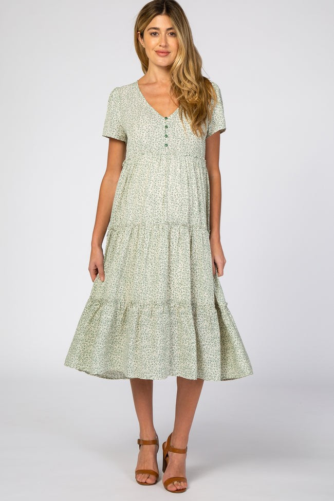 Light Olive Floral Chiffon Ruffle Hem Maternity Midi Dress | PinkBlush Maternity