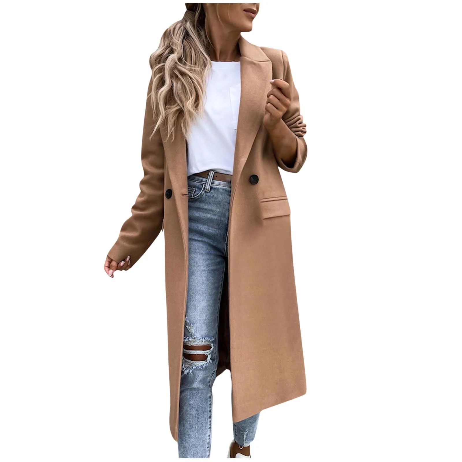 XFLWAM Long Trench Coat for Women Soft Wool Lapel Double Breasted Pea Coat Casual Business Solid ... | Walmart (US)