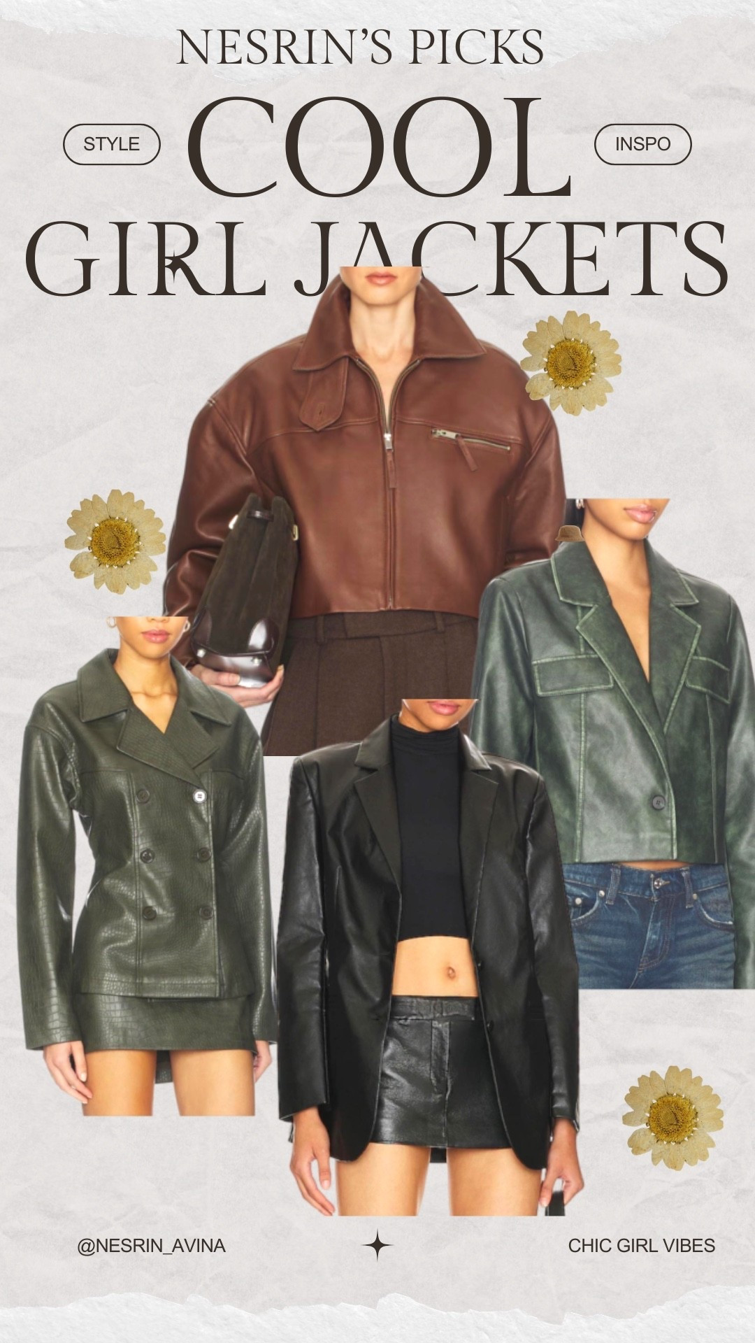 Cool girl jacket
Leather bomber 
Chic girl 
Pinterest aesthetic 
Revolve aesthetic 
Chic style 
 Brown jacket 
Forest green jacket
Bomber 
Nesrin avina