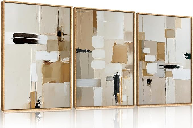 Large Abstract Beige Framed Canvas Wall Art Set, Neutral Textures Wall Decor, Warm Minimalist Sha... | Amazon (US)
