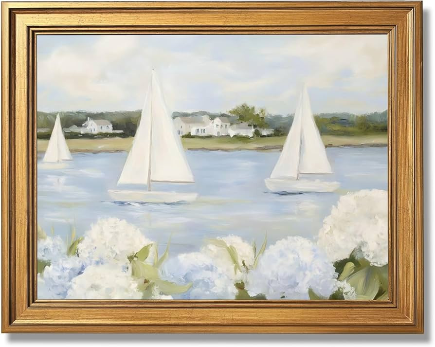 Licpach Grandmillennial Preppy Coastal Wall Art Nautical Sailboat Blue White Floral Canvas Print ... | Amazon (US)
