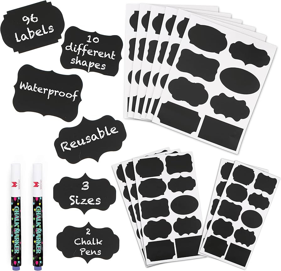 Mantah Chalkboard Label Stickers 96pcs - 9 Assorted Shapes in 3 Sizes with 2 White Chalk Marker, ... | Amazon (US)