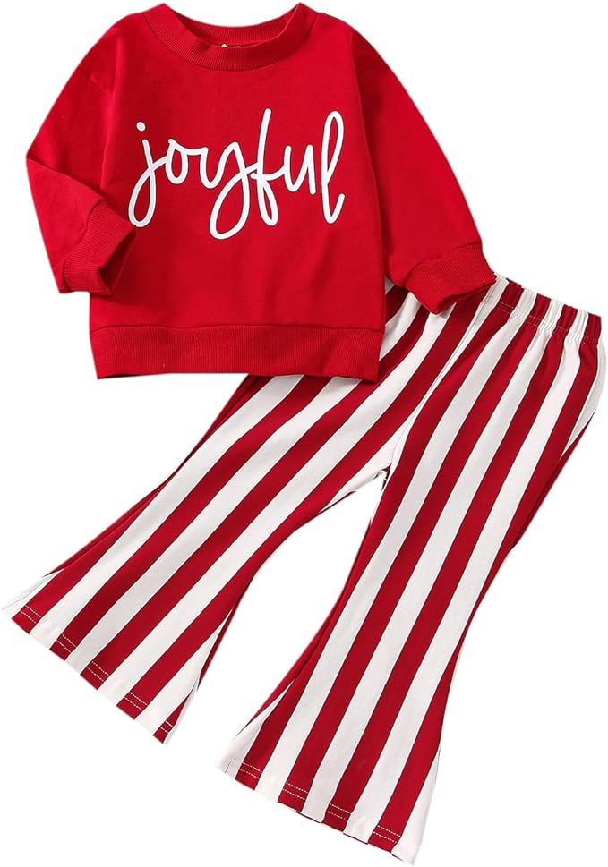 Amazon.com: Toddler Baby Girl Christmas Outfit Santa Long Sleeve Sweatshirt Top Bell Bottoms Pant... | Amazon (US)