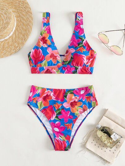 Random Floral Print High Waist Bikini Swimsuit | SHEIN