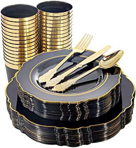 WDF 30Guest Clear Black Plastic Plates with Gold Rim& Disposable Plastic Silverware &Gold Plastic Cu | Amazon (US)