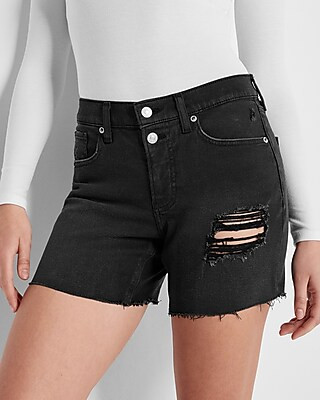 Mid Rise Black Convertible Hem Ripped Jean Shorts | Express
