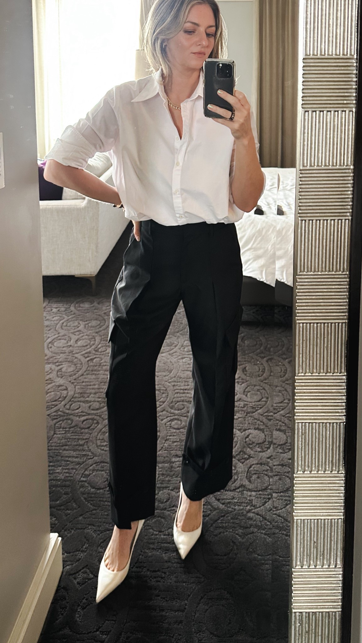 One of my favorite biz casual styles when I have no idea what to wear: Fashion Classic - Black and White. 

This look is from Banana Republic, I've had these cargo dress pants for a few years and love them! (I added some shoptions since they are old.) 

With a crisp oversized white shirt and the added pockets, they add some spark to a twist on a classic #BananaRepublic Fashion Find!  

 #LTKFindsUnder100 #LTKWorkwear #LTKShoeCrush