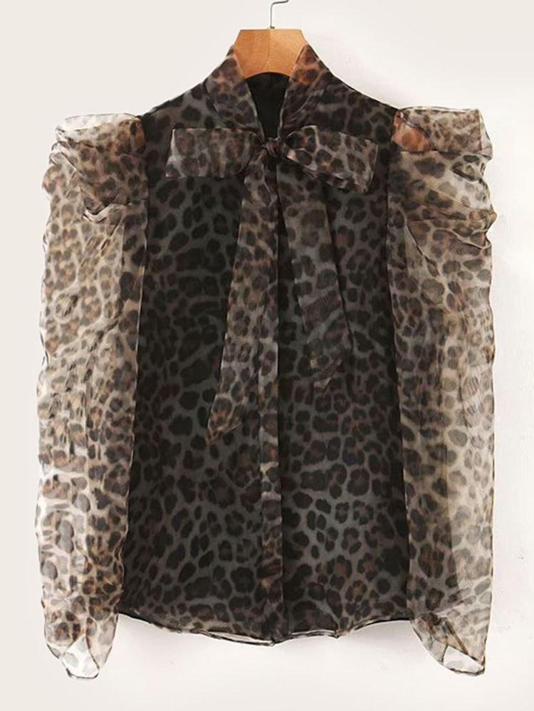 Leopard Print Tie Neck Mesh Blouse | SHEIN