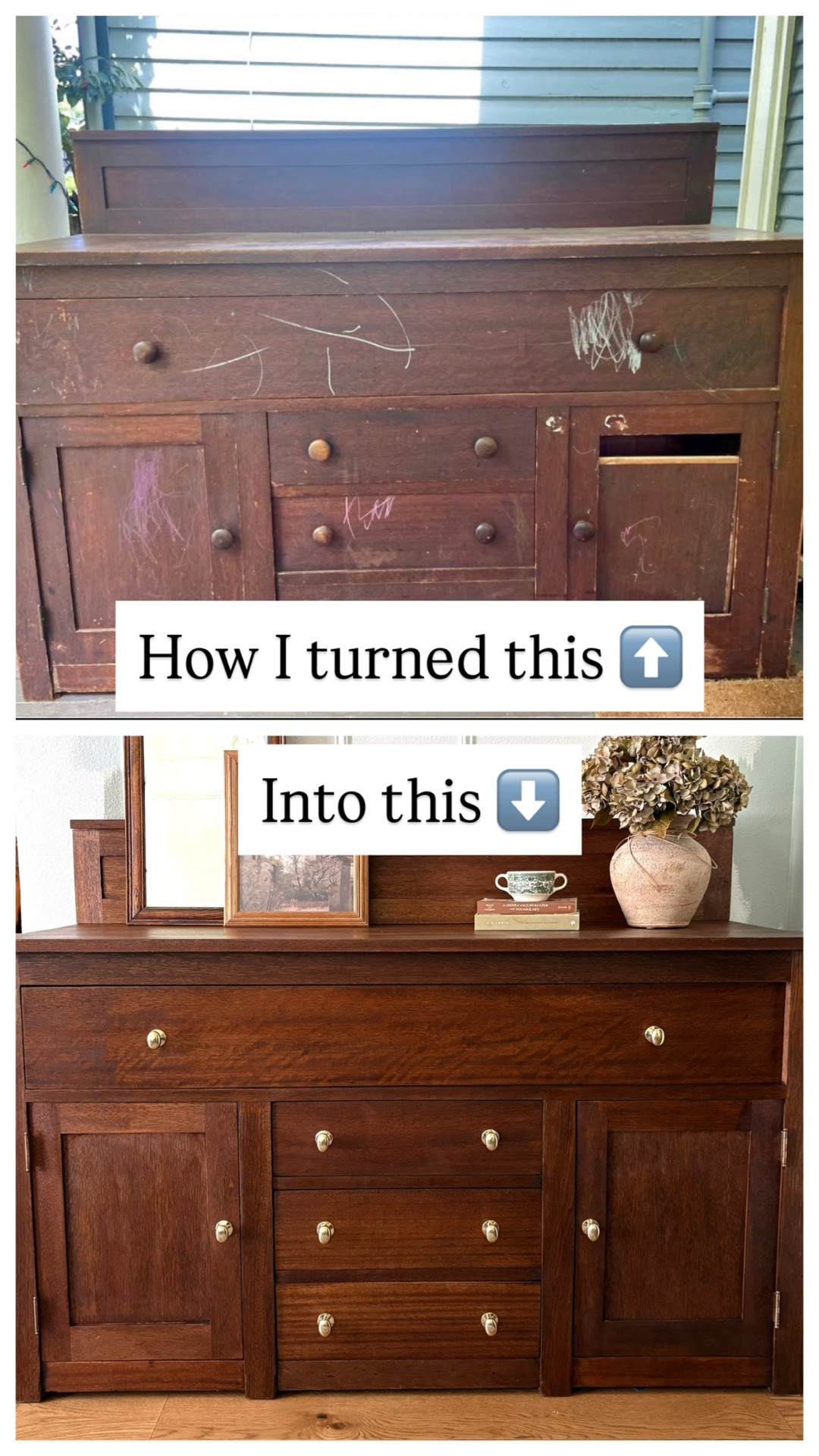 Here are the steps I used to restore this vintage buffet!

✨Sand (this was 75% of the work)
- start with a rough grit (80-120) depending on what you need to remove
- I used a sandpaper block, carbide scraper, and mouse sander for the tight corners
- Sand again with finer grit (220)
- Light hand sand with 400 grit
- Wipe down with damp cloth
✨Prestain
- Don’t skip this step, this is what helps your stain absorb evenly! 
✨Stain
- I used 2 coats of @minwaxusa English Chestnut
- sand lightly with 400 in between coats
✨Seal
- my first time trying this and I’m now a BELIEVER! I used @zinsser Seal Coat Shellac, it goes on like water and dries fast, but makes that top coat go on like soooo smooth
✨Top coat
- @minwaxusa wipe-on poly is my go-to. Wipe on with a rag and add a second coat if needed
✨Drawers
- I used @howard_products wood conditioner on the inside of the drawers (bonus is that it smells AMAZING)

#tayloredhome #tayloredhomedesign #furniturerestoration #furnituredesign #furniturerefinishing