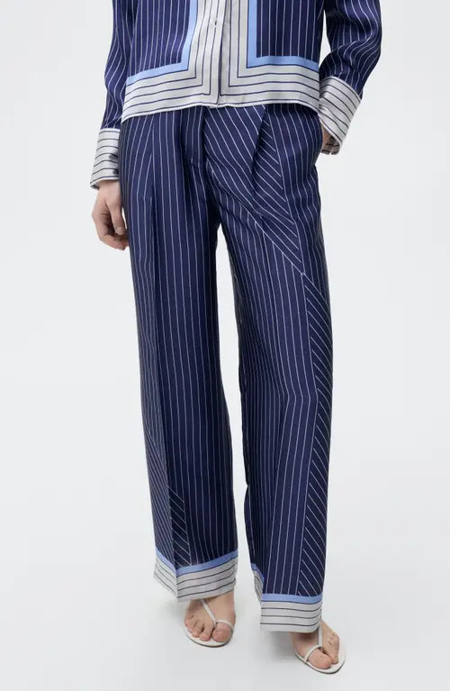 MANGO Contrast Stripe Satin Wide Leg Pants in Blue at Nordstrom, Size Large | Nordstrom