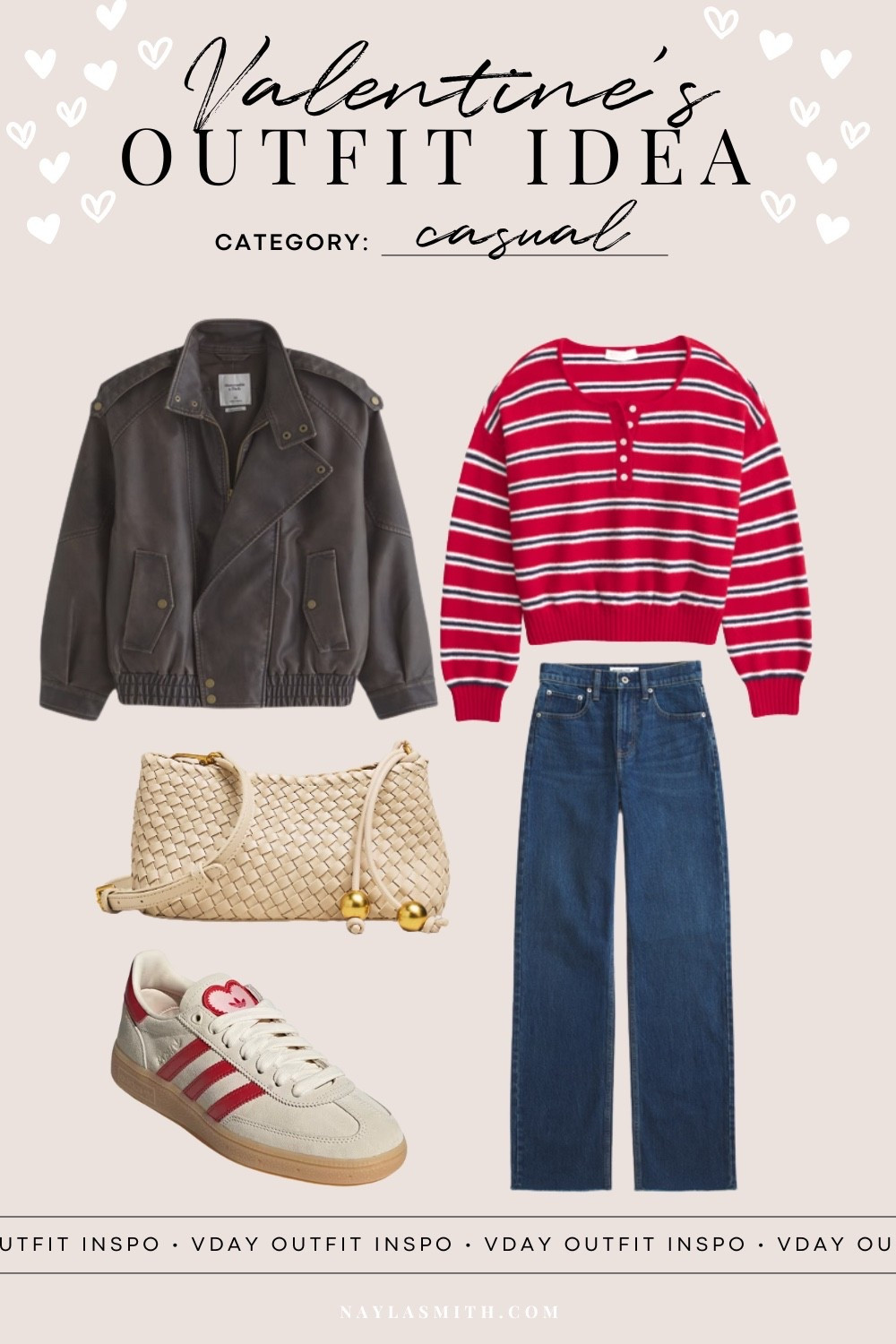 Casual Valentine’s Day outfit! Red striped henley sweater paired with my fave Abercrombie jeans (I wear 32), vintage style oversized leather bomber jacket (I wear L), woven leather bag, and adidas heart sneakers. Subtle vday outfit, everyday style

#LTKjeans #LTKstyletip #LTKwinter