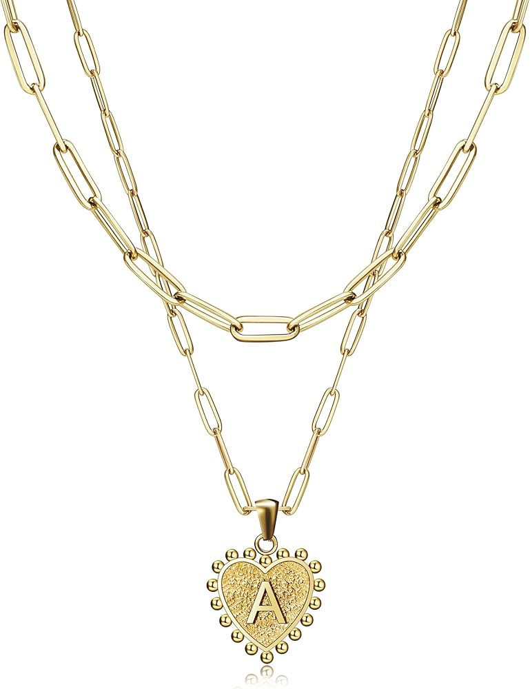 Lushboom Dainty Layered Heart Initial Necklace for Women, 14K Gold Plated Paperclip Chain Letter ... | Amazon (US)