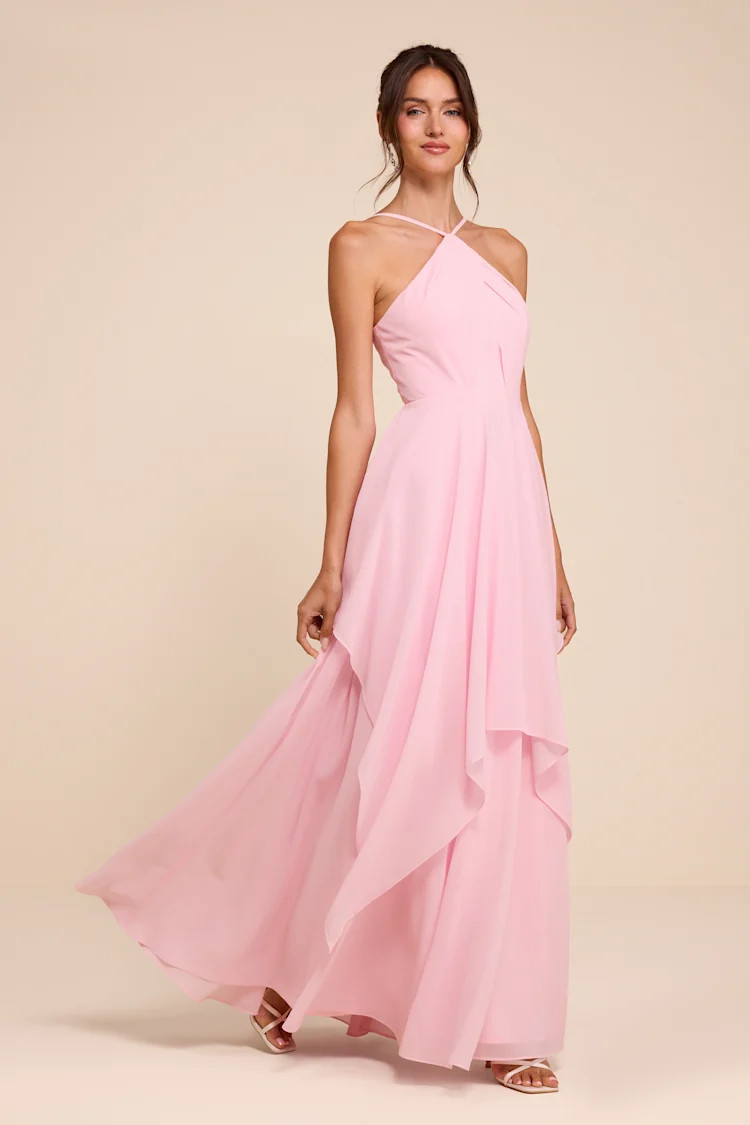Aletta Light Pink Tiered Halter Maxi Dress | Lulus