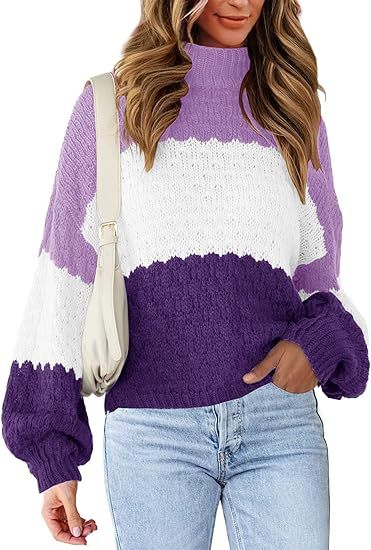 Womens Long Sleeve Turtleneck Pullover Sweaters Casual Knitted Oversized Color Block Sweater Tops | Amazon (US)