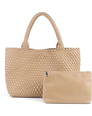 LMKIDS Woven Bag for Women, Vegan Leather Tote Bag Large Summer Beach Travel Handbag and Purse Re... | Amazon (US)