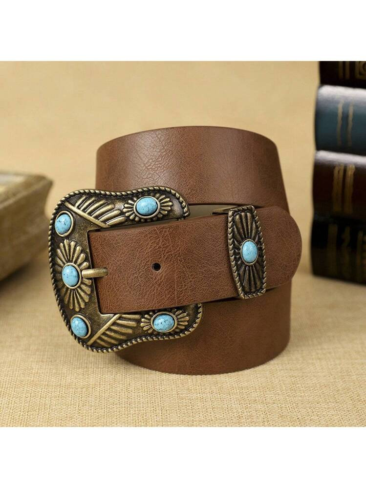 1pc Women's Brown PU Leather Belt With Beaded Buckle, Bohemian Style, Suitable For Casual, Party,... | SHEIN