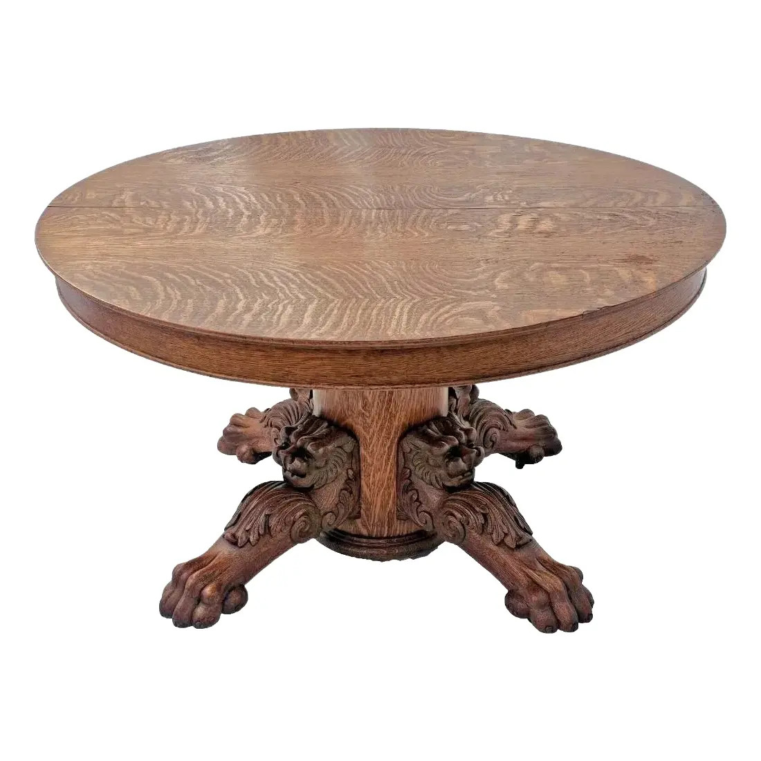 Victorian Antique 1890s Round Tiger Oak Dining Table With Carved Lion Heads | Chairish