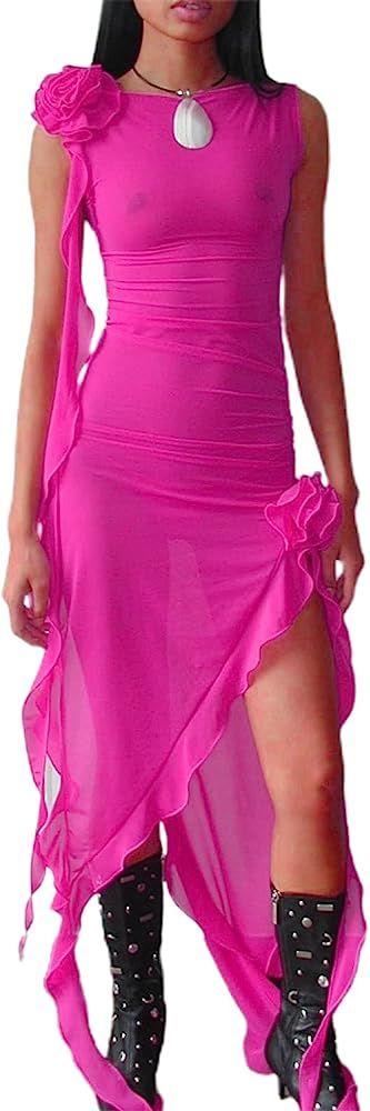 Women's Sexy Ruffle Tassels Split Dress Sleeveless 3D Floral Irregular Hem Dresses Summer Straple... | Amazon (US)