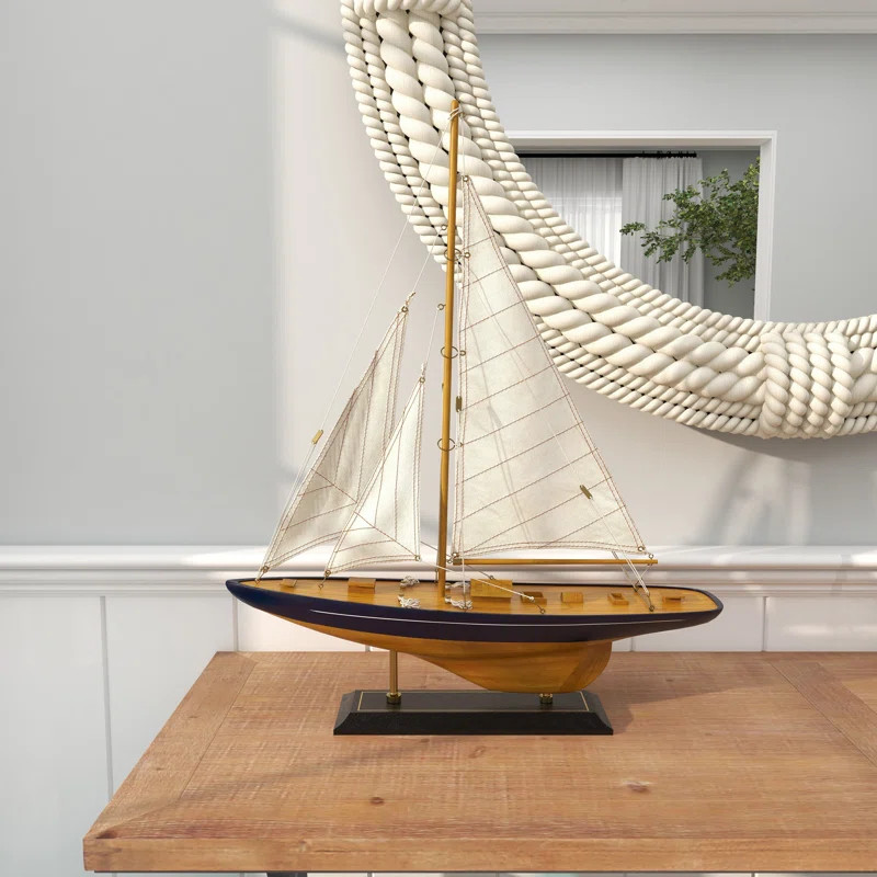 Wood Sail Boat Decorative Sculpture with Beige and Navy Accents and Lifelike Rigging | Wayfair North America