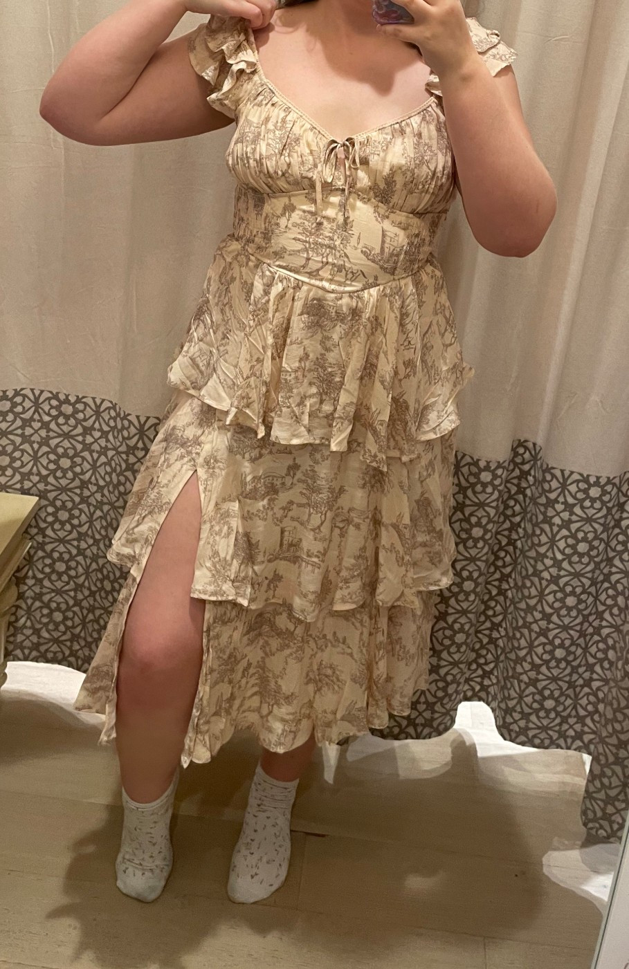 The PERFECT dress for fall and it’s ON SALE !! Obsessed with this midi tiered toile print dress from Francesca’s 🤍 I’m 5’10, normally a 12 in bottoms and a L/XL. I’m wearing a large here. 

Fall fashion.  Fall outfits. Wedding guest dress. Francesca’s. Midi dress. Slit dress. Outfit inspo. Renaissance fair dress. Ruffles. Beige dress. Toile print. Trending. Stylish. Midsize. Tall girl fashion. Emilyhosch 

#LTKMidsize #LTKSaleAlert #LTKSeasonal