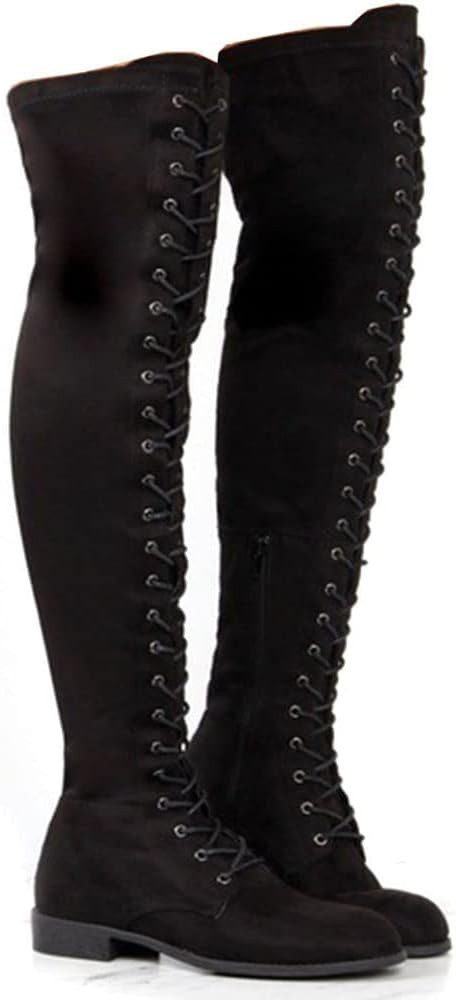 YING LAN Women's Over The Knee Low Heel Lace Up Tall Boots | Amazon (US)