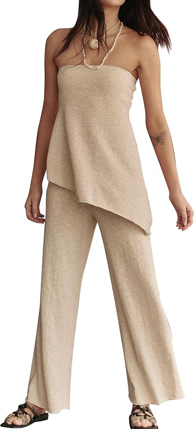 2 Piece Sets for Women Tube Tops and Pants Lounge Sweater Sets Summer Beach Travel Vacation Outfi... | Amazon (US)