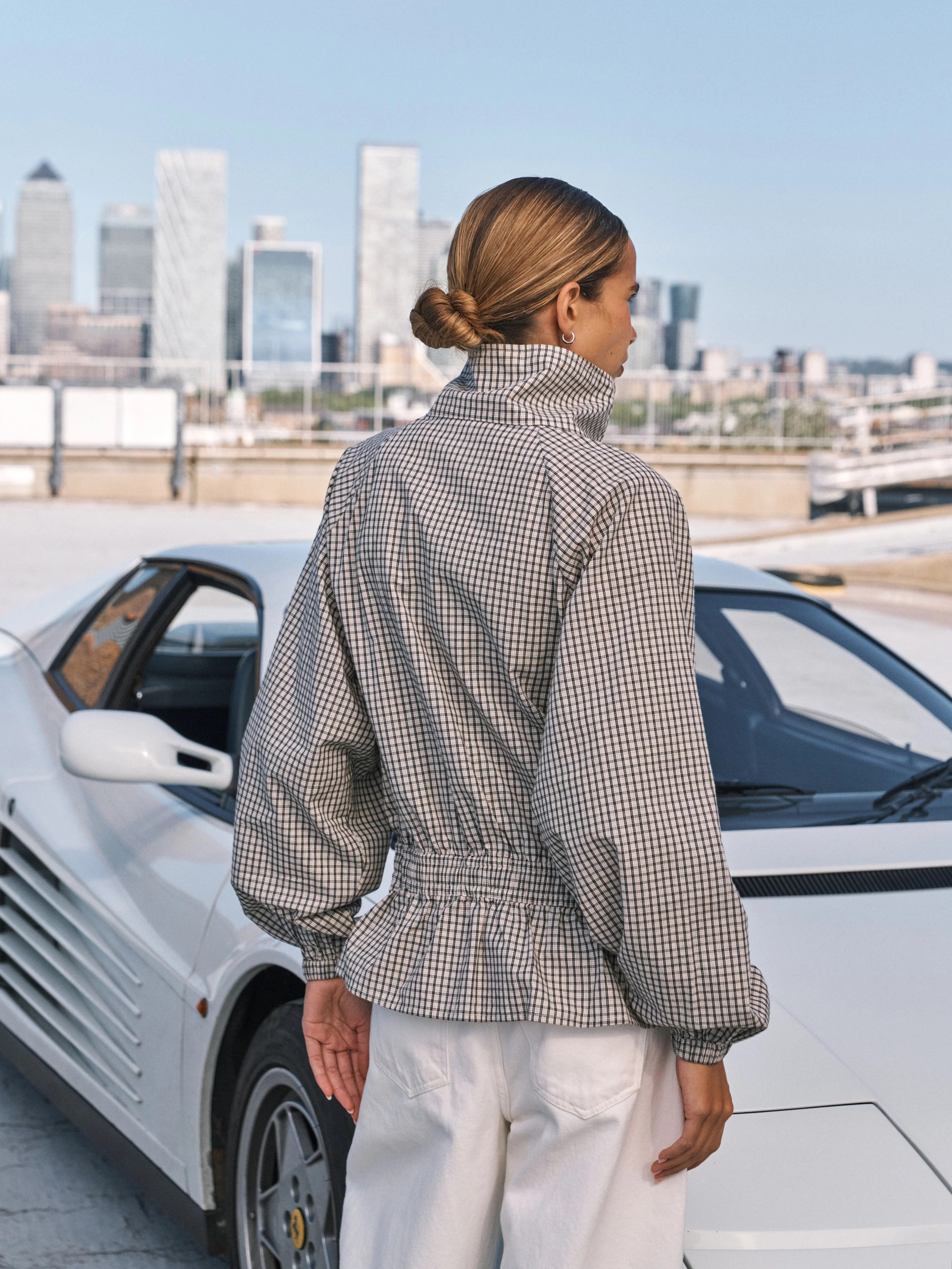 CHECKED DROP WAIST FUNNEL NECK JACKET - OFF WHITE / BLACK | The Couture Club