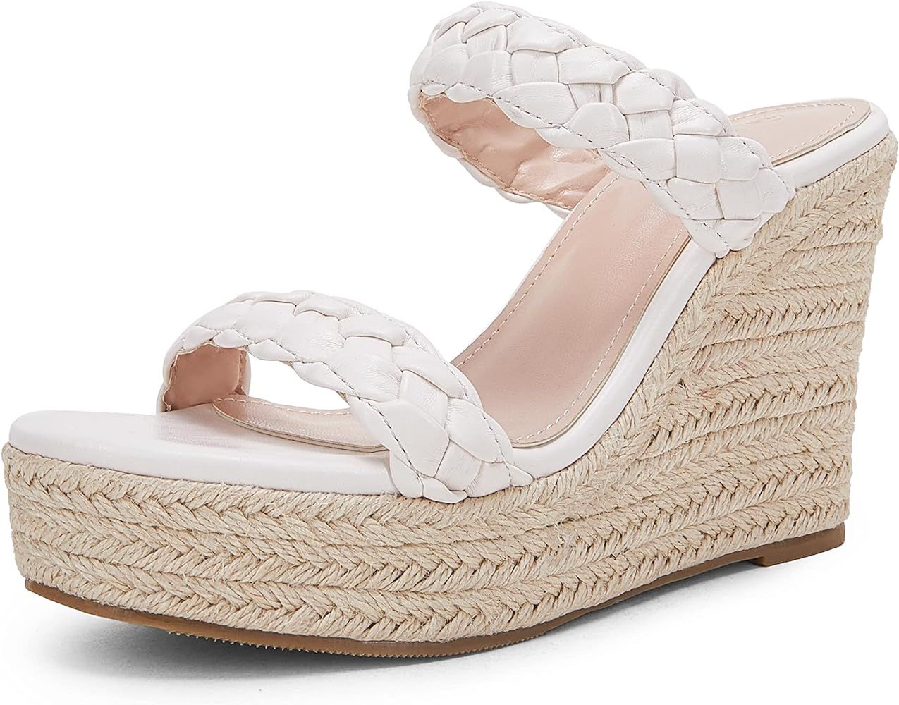 Coutgo Womens Wedge Platform Sandals Espadrilles Two Strap Woven Slip On Summer Cute Slide Sandals | Amazon (US)