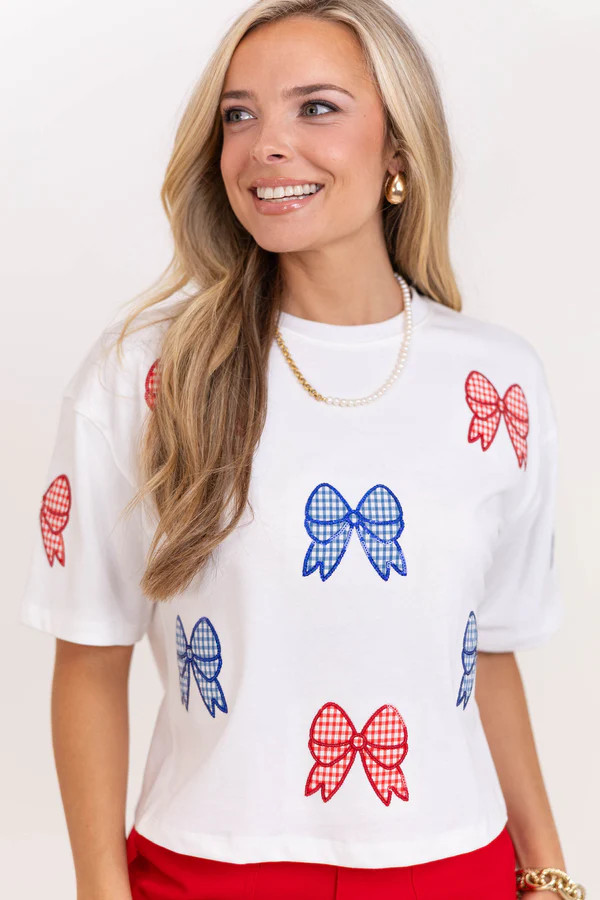 Color Pop Fun White Gingham Bow Sequin Top | The Mint Julep Boutique