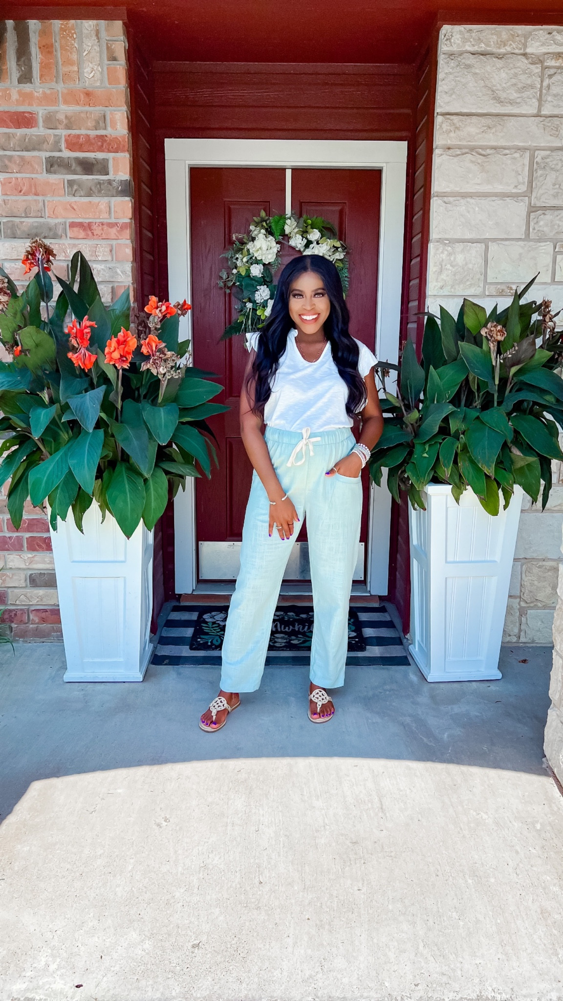 Top: I am wearing a small and wore a nude bra underneath. •Pants: I am 5’4” wearing a small, elastic waistband and it has adjustable drawstrings. This outfit fits my 6 month bump comfortably. •Sandals: Fit true to size. 

#LTKstyletip #LTKbump #LTKsalealert