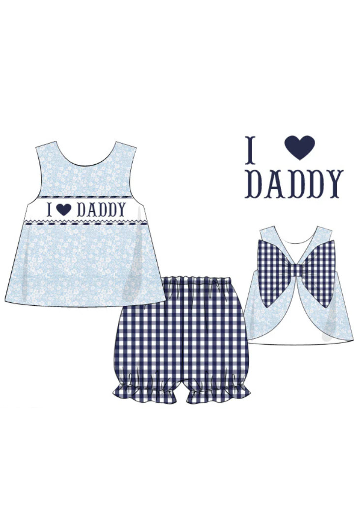 Pre-Order Smocked I Love Daddy Floral/Navy Gingham Bow Set | The Smocked Flamingo