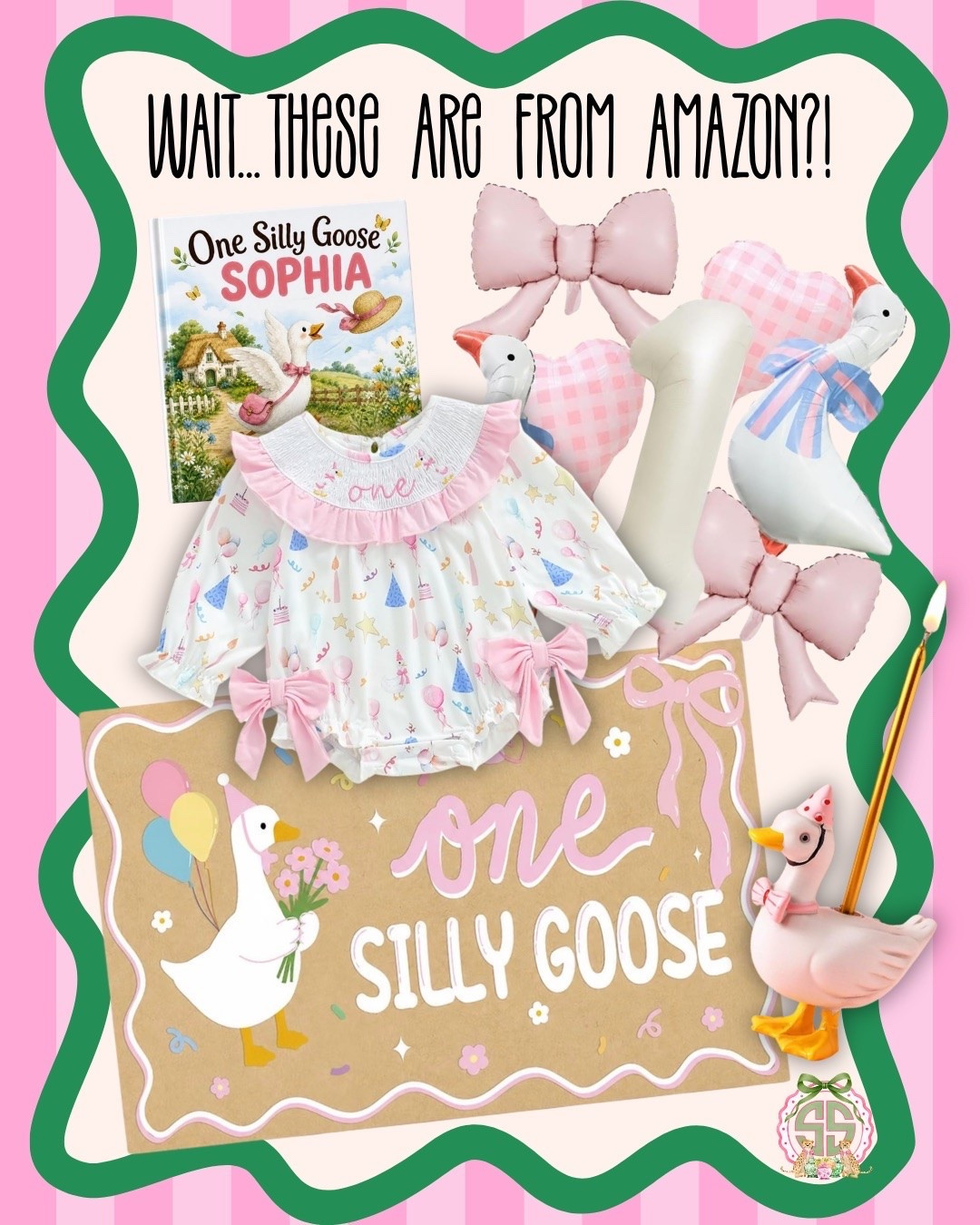 Wait… these are from AMAZON?! 🪿🎀 The sweetest “One Silly Goose” first birthday finds for your baby girl! A pink smocked birthday bubble, goose balloons, pink bow balloons, gingham heart balloons, a number one balloon, personalized goose book, and the cutest birthday banner—such a darling start to her celebration!

Save this for baby girl first birthday ideas, a silly goose birthday party, pink gingham party decor, or a southern-style cake smash outfit. 🤍 Tap to shop the linked Amazon finds!

#OneSillyGoose #FirstBirthday #BabyGirlFirstBirthday #SillyGooseBirthday #FirstBirthdayOutfit #SmockedBabyClothes #BirthdayPartyDecor #AmazonFinds #LTKBaby #LTKKids #LTKParties

#LTKmomlife #LTKBaby #LTKKids
