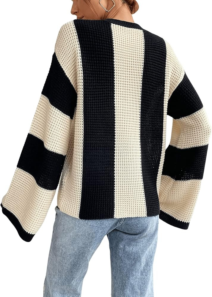 Verdusa Women's Colorblock Bell Sleeve Mock Neck Knit Sweater Pullover Top | Amazon (US)