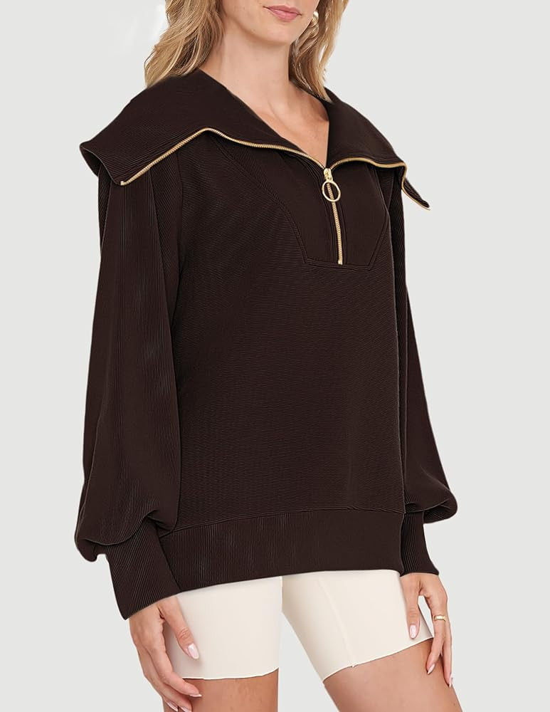 MEROKEETY Women's 2023 Long Sleeve Quarter Zip Sweatshirt V Neck Collar Ribbed Y2K Pullover Tops | Amazon (US)