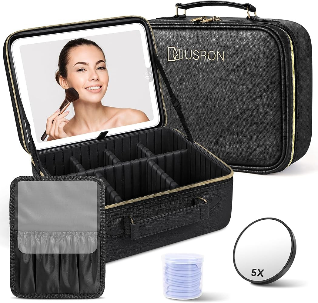 JUSRON Make-up Tasche mit Spiegel-3 Farben LED Licht, Reise Kosmetiktasche mit LED Spiegel, Tragb... | Amazon (DE)