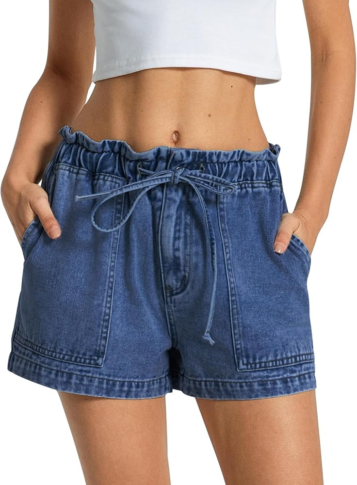 Kedera Womens Denim Shorts Casual Baggy Trendy Comfy Elastic Waist Jean Shorts with Drawstring | Amazon (US)
